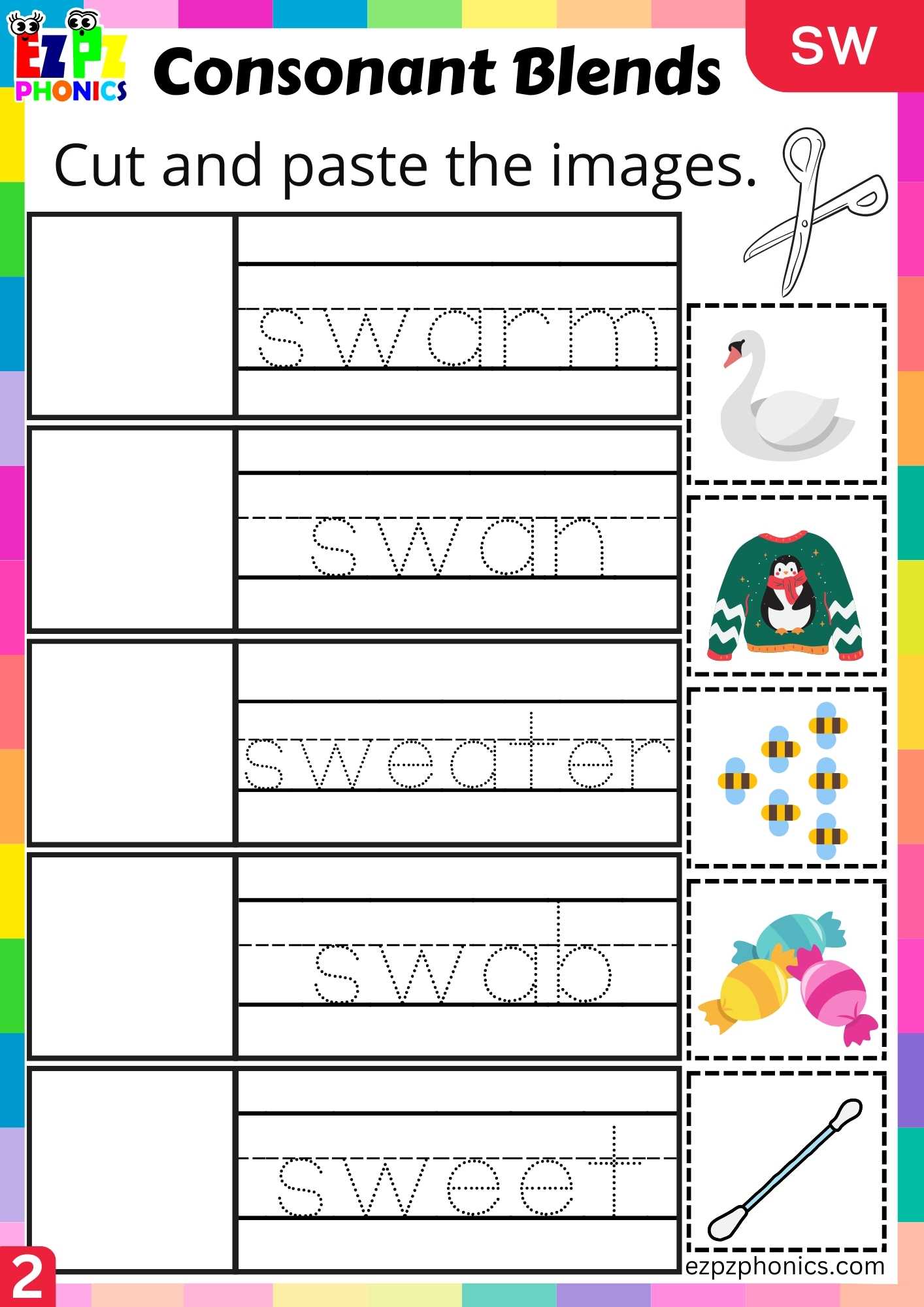 Group2 SW Words Cut And Paste The Images Phonics Consonant Blends Worksheet